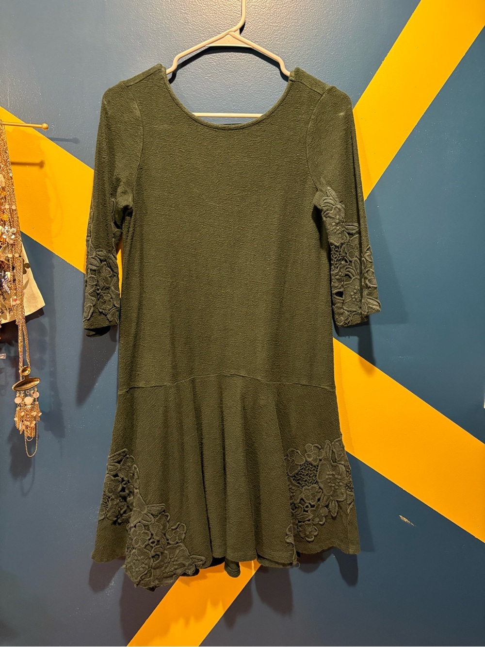 Maeve Anthropologie Dark Olive Green Long Sleeve Lace Detail Midi Dress EUC